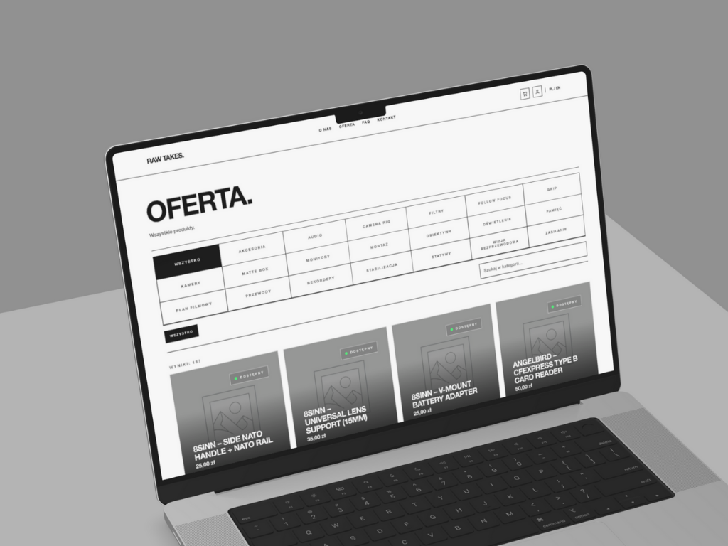 RAW Rental — Strona główna sklepu z dynamicznym menu kategorii